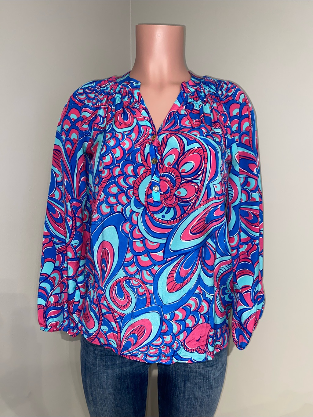 Lilly Pulitzer Elsa Silk Blouse W/Blue & Pink Print Long-Sleeve Blouse Size Xxs